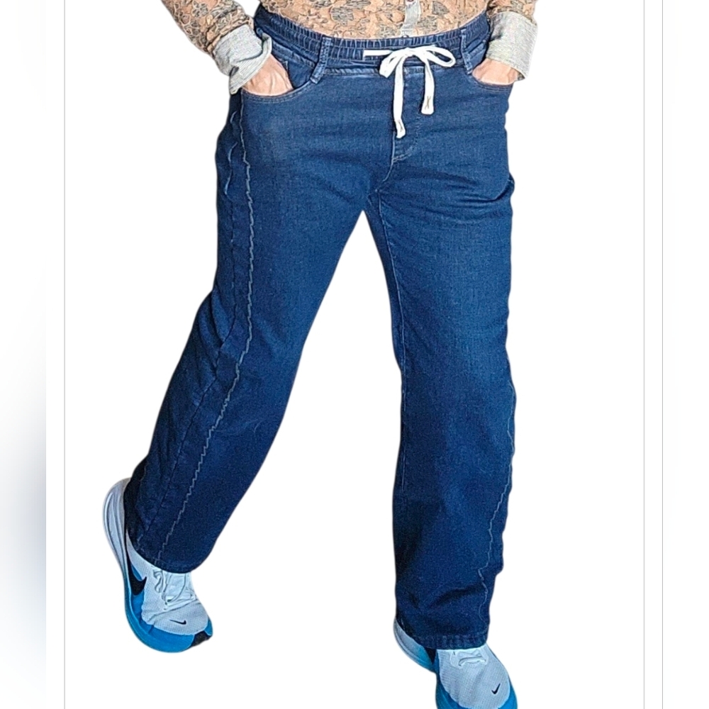 Blue Drawstring Wide Leg Jeans With Faux Fur Lining